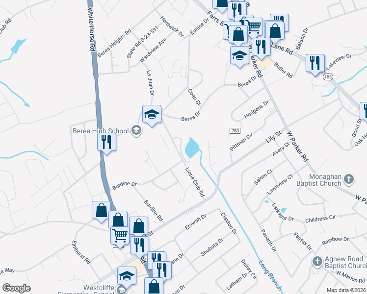map of restaurants, bars, coffee shops, grocery stores, and more near 125 Lions Club Road in Greenville