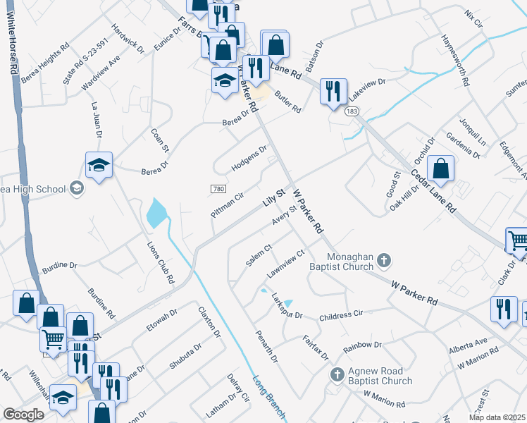 map of restaurants, bars, coffee shops, grocery stores, and more near 205 Lily St in Greenville