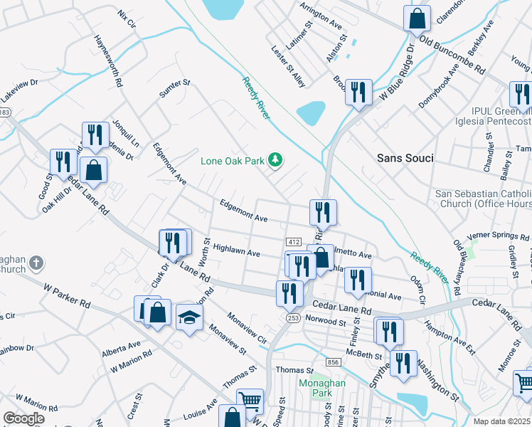 map of restaurants, bars, coffee shops, grocery stores, and more near 412 Edgemont Avenue in Greenville