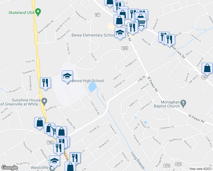 map of restaurants, bars, coffee shops, grocery stores, and more near 9 Scottie Court in Greenville