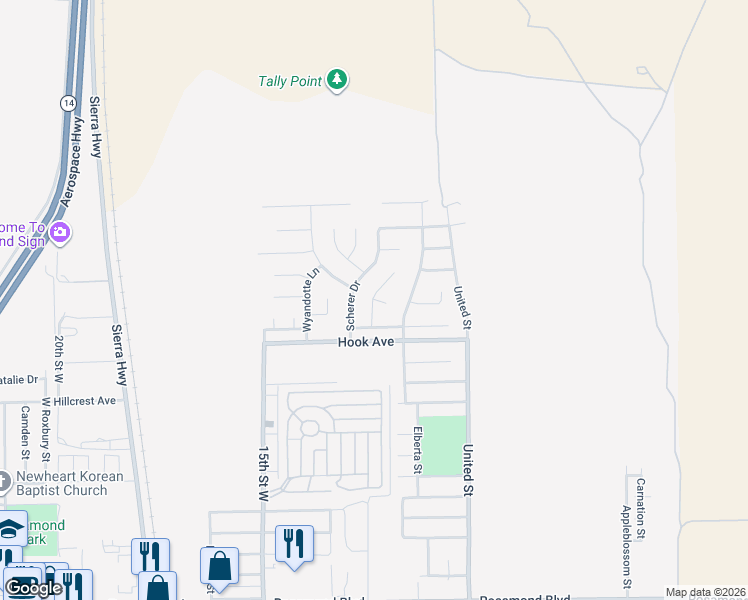 map of restaurants, bars, coffee shops, grocery stores, and more near 3665 Lyons Drive in Rosamond