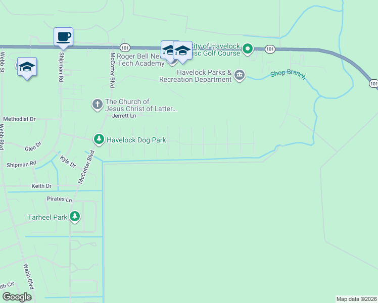 map of restaurants, bars, coffee shops, grocery stores, and more near 1003 Locust Court in Havelock