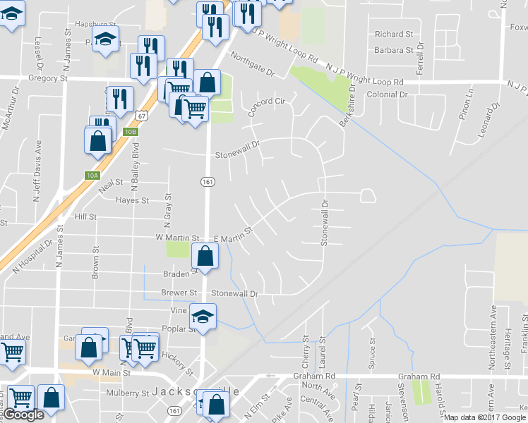 map of restaurants, bars, coffee shops, grocery stores, and more near 2 Danbury Lane in Jacksonville