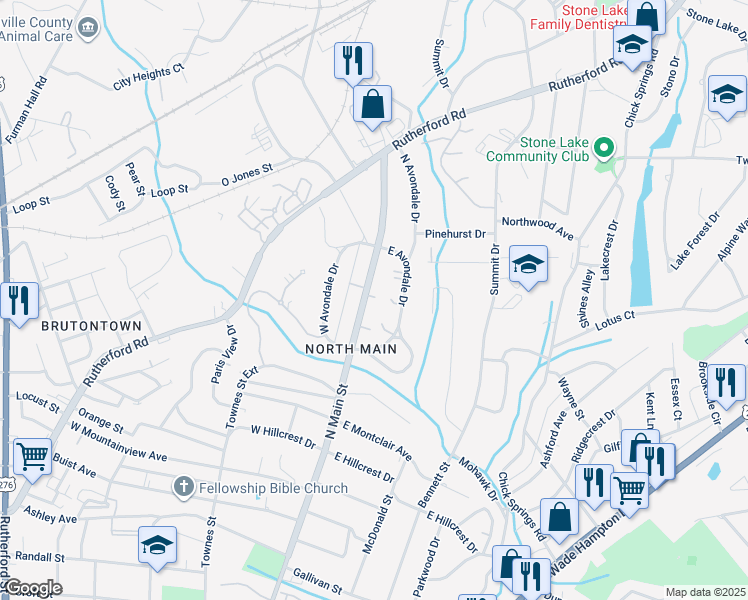 map of restaurants, bars, coffee shops, grocery stores, and more near 1724 North Main Street in Greenville