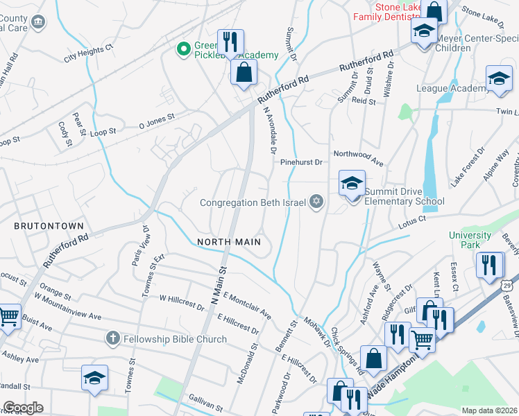 map of restaurants, bars, coffee shops, grocery stores, and more near 219 East Avondale Drive in Greenville