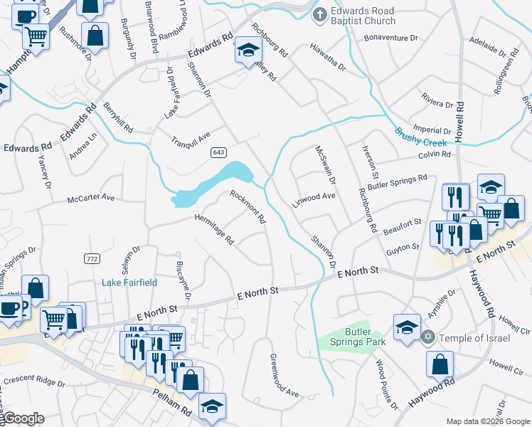 map of restaurants, bars, coffee shops, grocery stores, and more near 107 Rockmont Road in Greenville