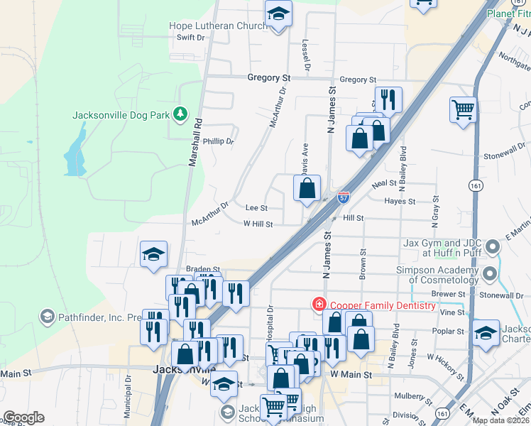 map of restaurants, bars, coffee shops, grocery stores, and more near 1216 Hill Street in Jacksonville