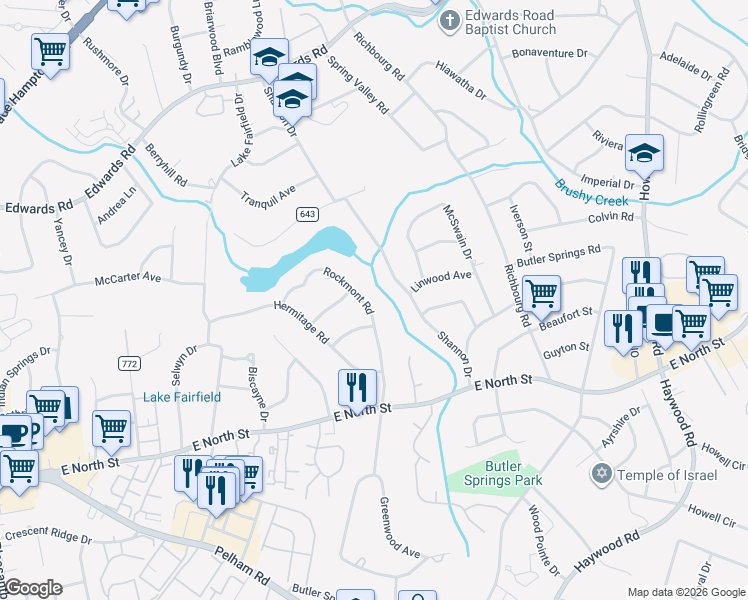 map of restaurants, bars, coffee shops, grocery stores, and more near 107 Rockmont Road in Greenville