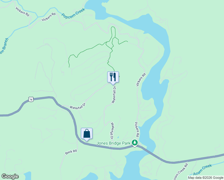 map of restaurants, bars, coffee shops, grocery stores, and more near 689 Waterfall Drive in Clayton