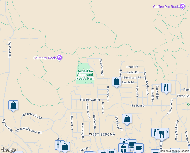 map of restaurants, bars, coffee shops, grocery stores, and more near 835 Andante Drive in Sedona
