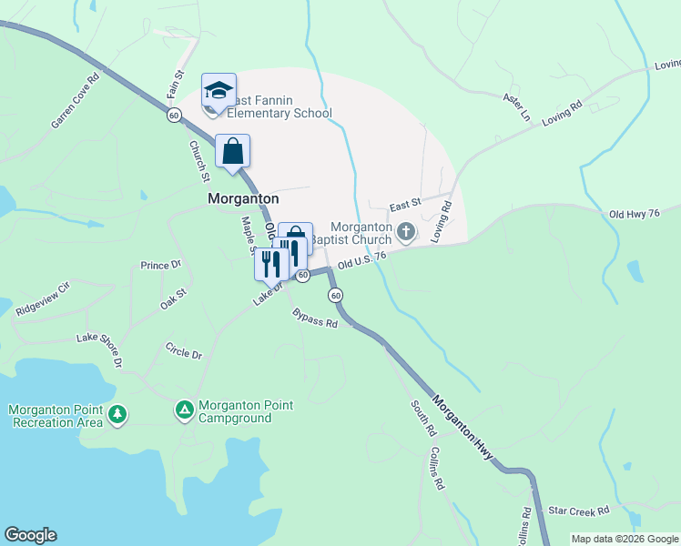 map of restaurants, bars, coffee shops, grocery stores, and more near 9340 Old Highway 76 in Morganton