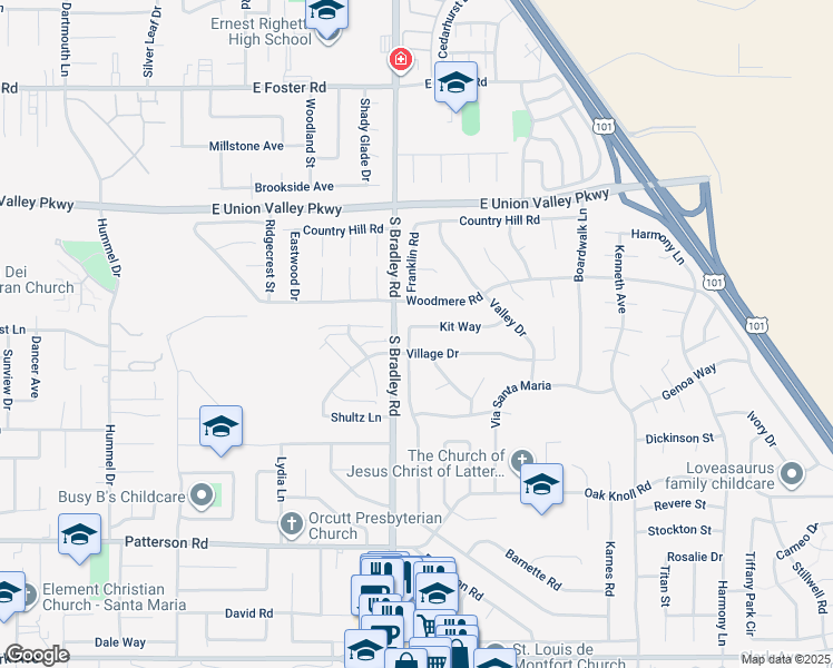 map of restaurants, bars, coffee shops, grocery stores, and more near 1112 Kit Way in Santa Maria