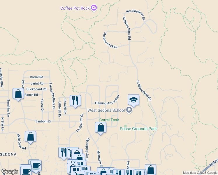 map of restaurants, bars, coffee shops, grocery stores, and more near 100 Shotgun Drive in Sedona