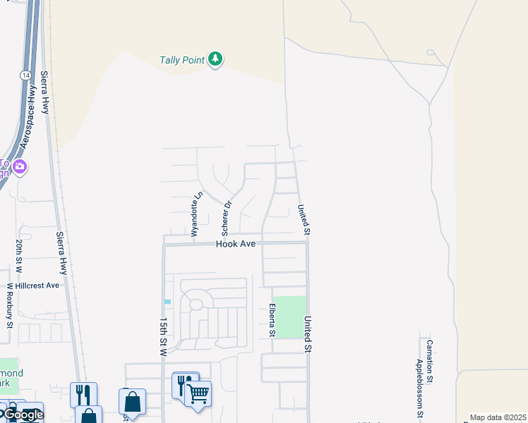 map of restaurants, bars, coffee shops, grocery stores, and more near 3657 Fernwood Street in Rosamond