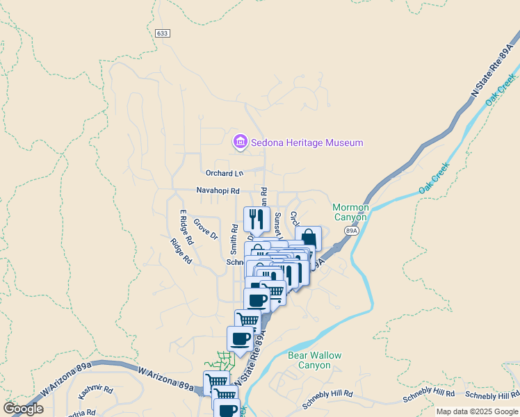 map of restaurants, bars, coffee shops, grocery stores, and more near 360 Capital Butte Road in Sedona