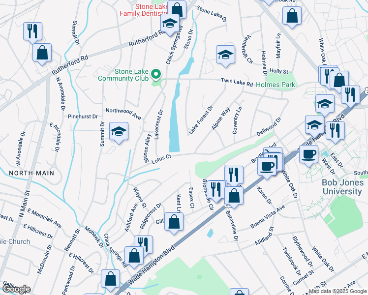 map of restaurants, bars, coffee shops, grocery stores, and more near 1 Dellwood Drive in Greenville