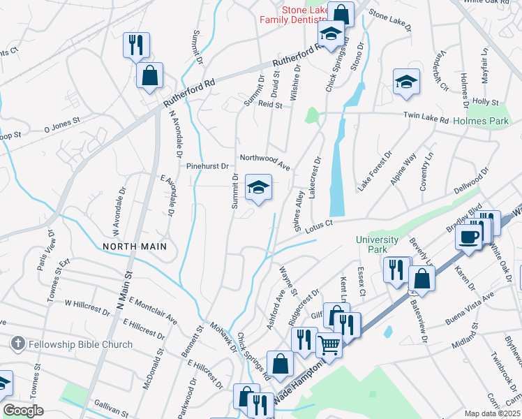 map of restaurants, bars, coffee shops, grocery stores, and more near 424 Summit Drive in Greenville