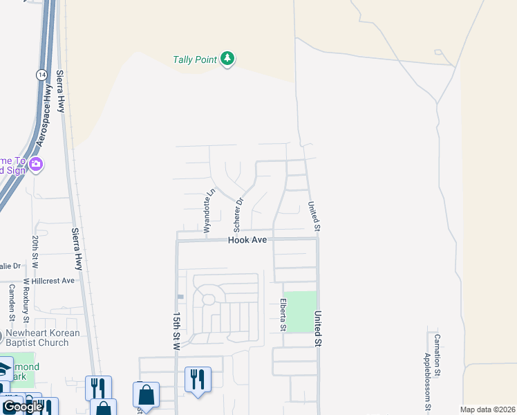 map of restaurants, bars, coffee shops, grocery stores, and more near 1225 Brookhaven Court in Rosamond