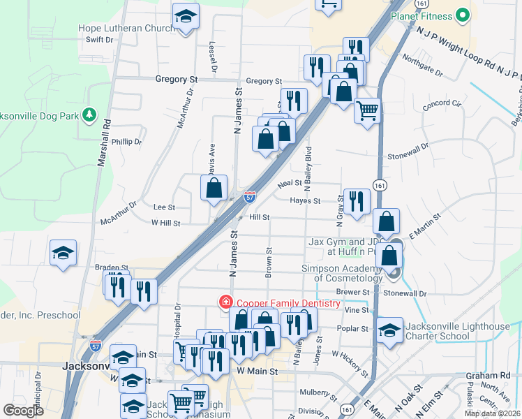 map of restaurants, bars, coffee shops, grocery stores, and more near 704 Hill Street in Jacksonville