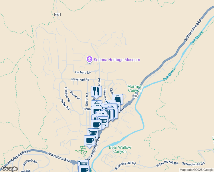 map of restaurants, bars, coffee shops, grocery stores, and more near 555 Sunset Lane in Sedona