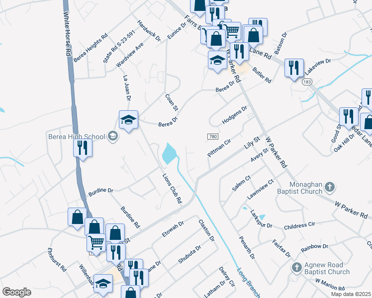 map of restaurants, bars, coffee shops, grocery stores, and more near 11 Scottie Court in Greenville