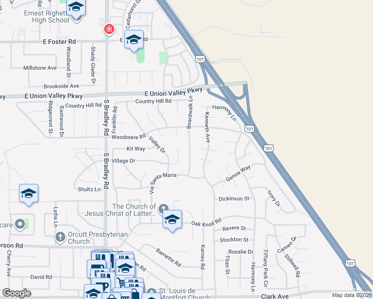 map of restaurants, bars, coffee shops, grocery stores, and more near 4461 Boardwalk Lane in Santa Maria
