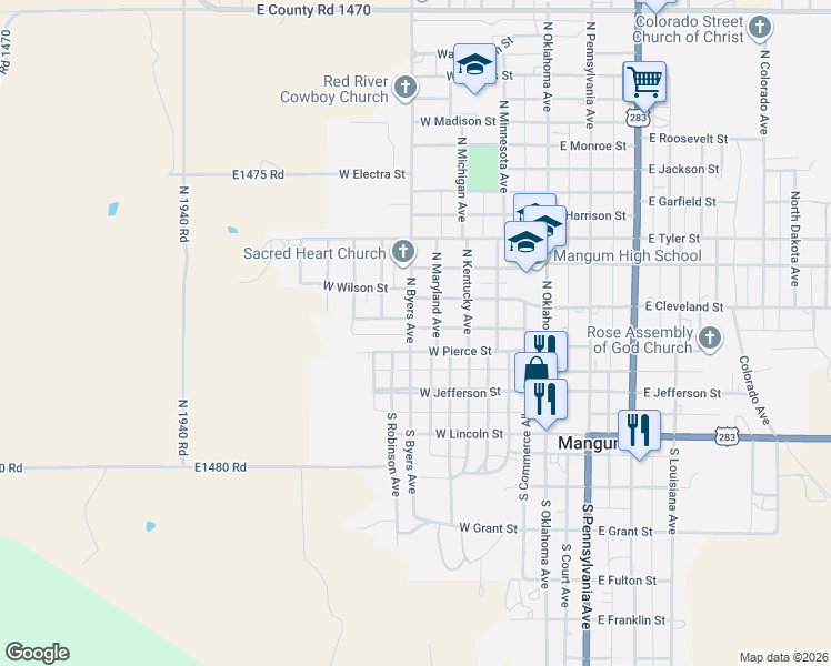 map of restaurants, bars, coffee shops, grocery stores, and more near 501 West Pierce Street in Mangum