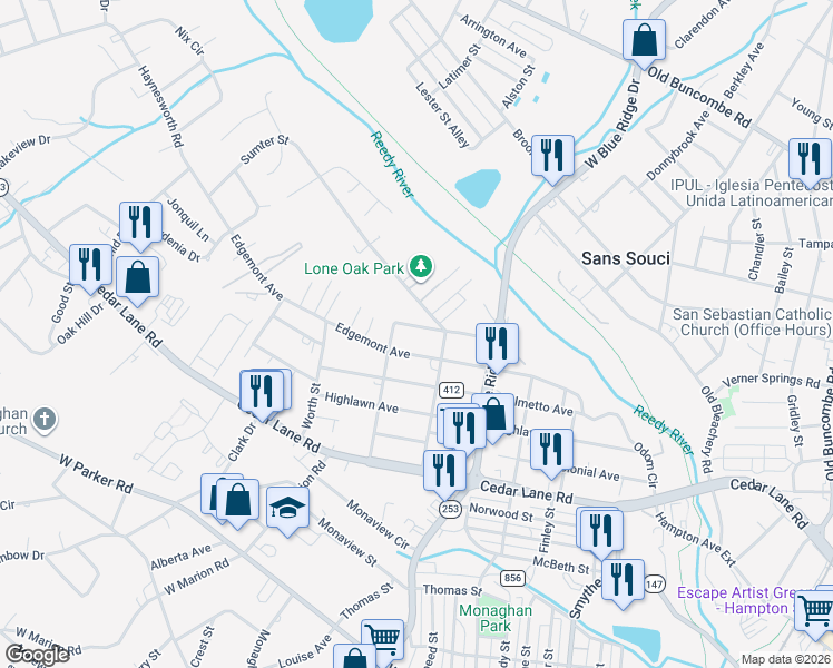 map of restaurants, bars, coffee shops, grocery stores, and more near 412 Edgemont Avenue in Greenville