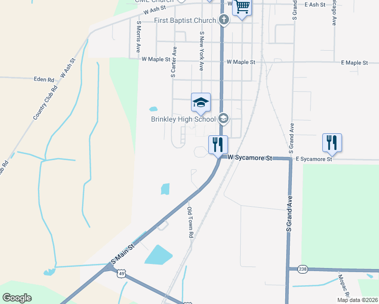 map of restaurants, bars, coffee shops, grocery stores, and more near 413 Dial Circle in Brinkley