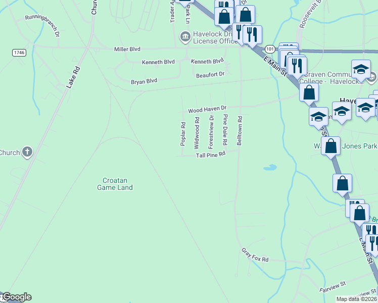 map of restaurants, bars, coffee shops, grocery stores, and more near 327 Tall Pine Road in Havelock