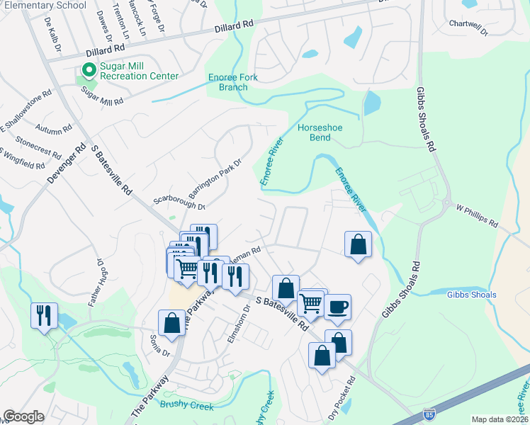 map of restaurants, bars, coffee shops, grocery stores, and more near 1 Boxleaf Court in Greer