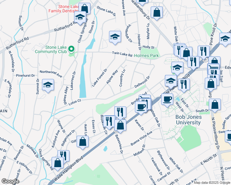 map of restaurants, bars, coffee shops, grocery stores, and more near 133 Dellwood Drive in Greenville