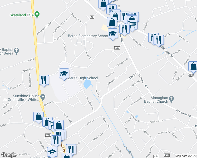 map of restaurants, bars, coffee shops, grocery stores, and more near 11 Scottie Court in Greenville