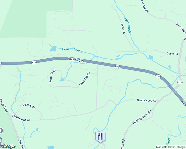 map of restaurants, bars, coffee shops, grocery stores, and more near 29 Sharp Top Circle in Blairsville