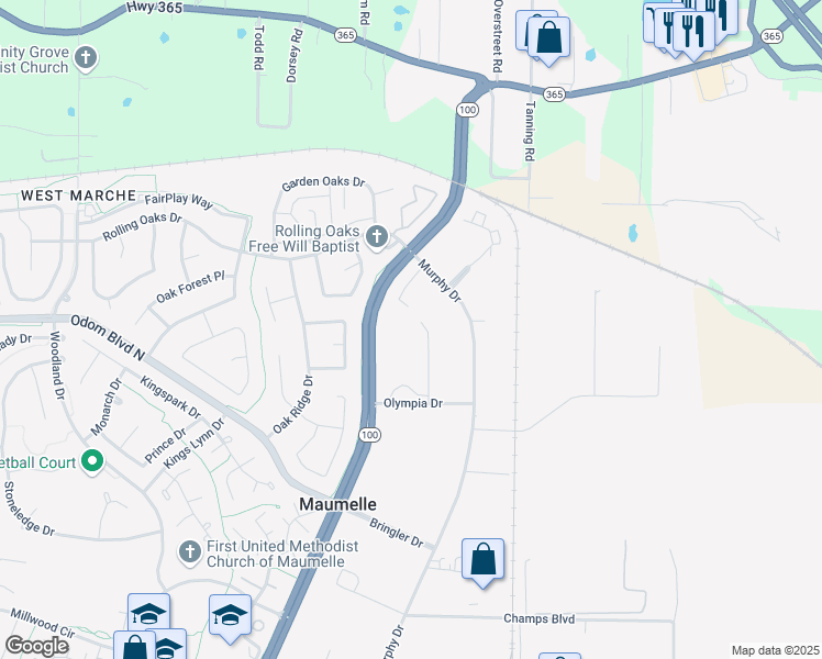 map of restaurants, bars, coffee shops, grocery stores, and more near 103 Alexandria Drive in Maumelle
