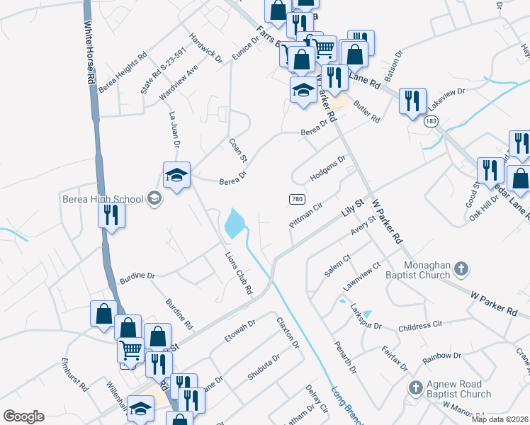 map of restaurants, bars, coffee shops, grocery stores, and more near 11 Scottie Court in Greenville
