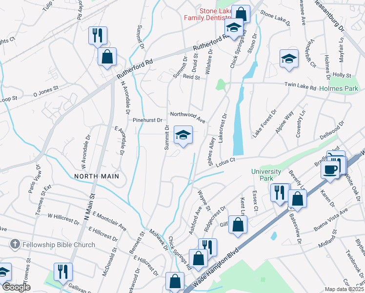 map of restaurants, bars, coffee shops, grocery stores, and more near 424 Summit Drive in Greenville