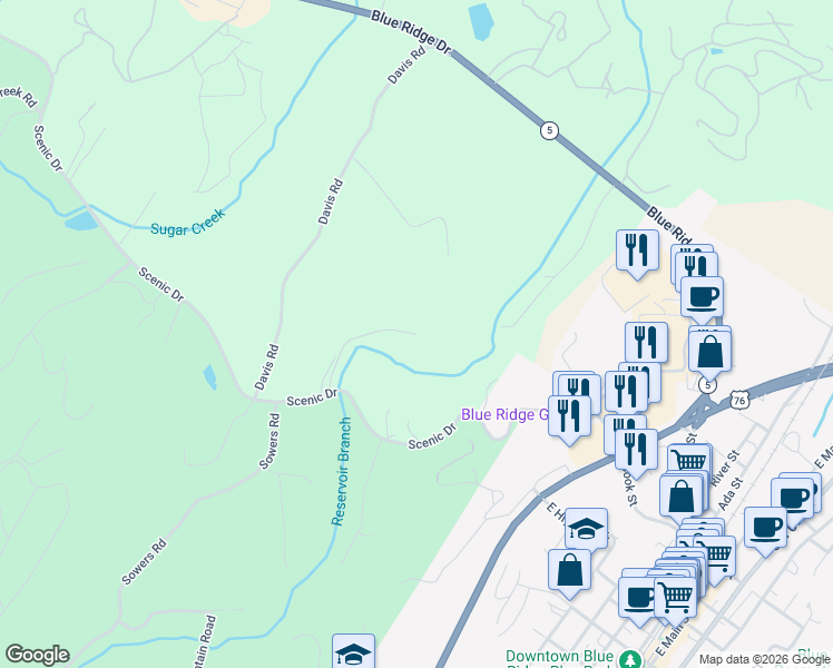 map of restaurants, bars, coffee shops, grocery stores, and more near 327 Meadow Lane in Blue Ridge