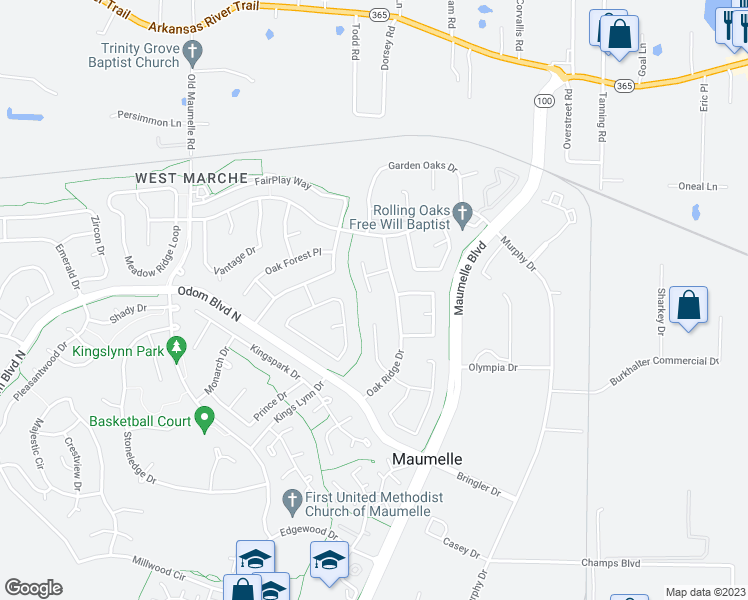 map of restaurants, bars, coffee shops, grocery stores, and more near 11 Red Oak Place in Maumelle
