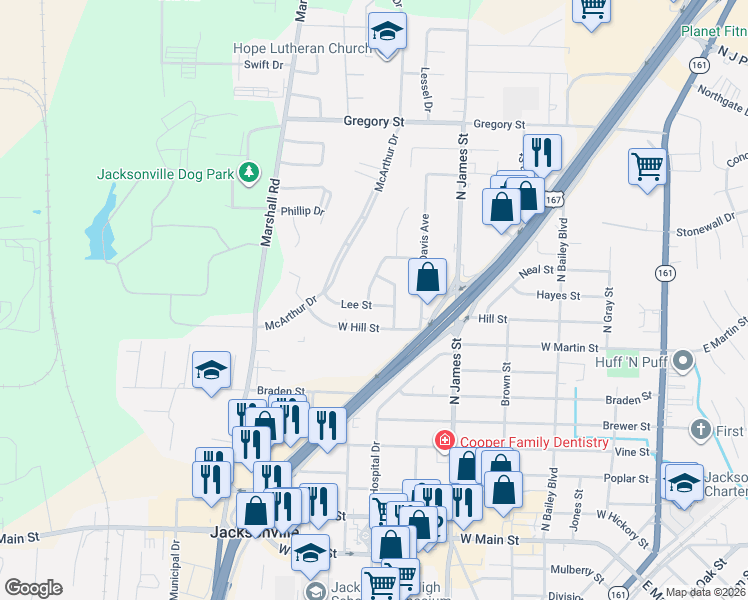 map of restaurants, bars, coffee shops, grocery stores, and more near 1216 Hill Street in Jacksonville