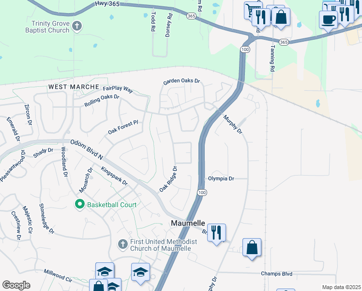 map of restaurants, bars, coffee shops, grocery stores, and more near 34 Oak Ridge Drive in Maumelle