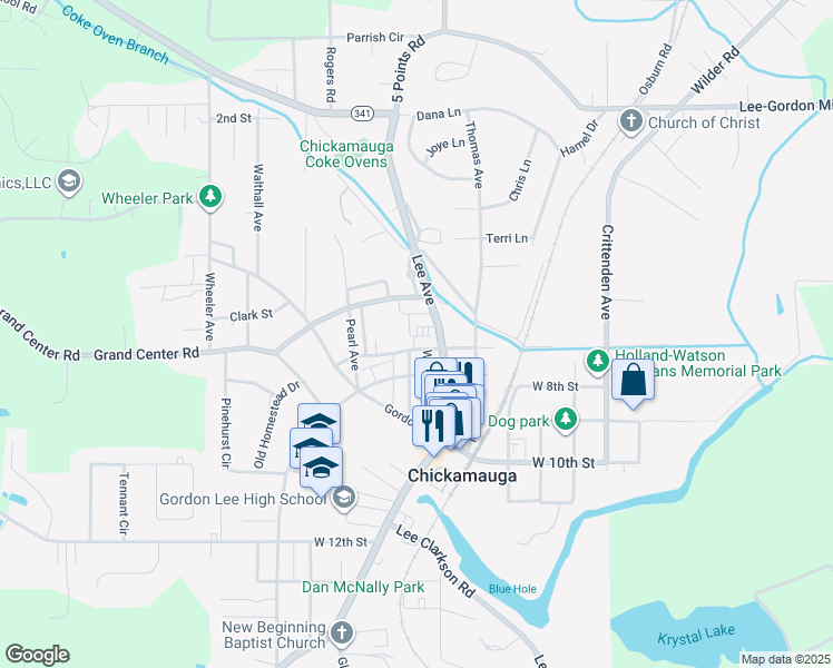 map of restaurants, bars, coffee shops, grocery stores, and more near 206 Wilder Avenue in Chickamauga