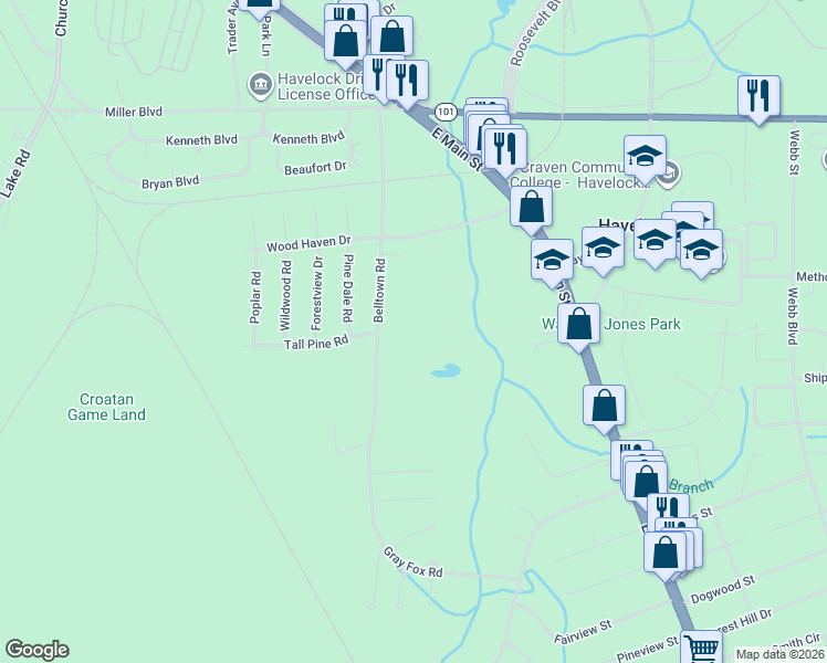 map of restaurants, bars, coffee shops, grocery stores, and more near 305 Belltown Road in Havelock