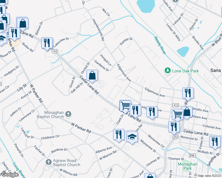 map of restaurants, bars, coffee shops, grocery stores, and more near 123 Fernside Court in Greenville
