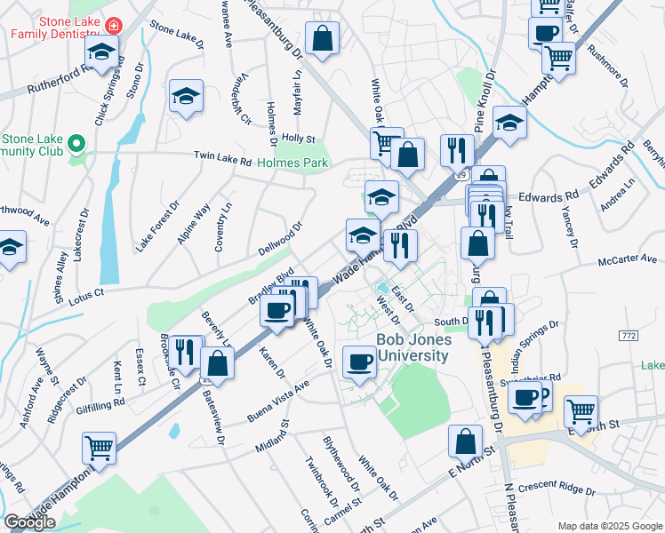 map of restaurants, bars, coffee shops, grocery stores, and more near 1613 Wade Hampton Boulevard in Greenville