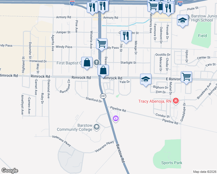 map of restaurants, bars, coffee shops, grocery stores, and more near 600 Rimrock Road in Barstow