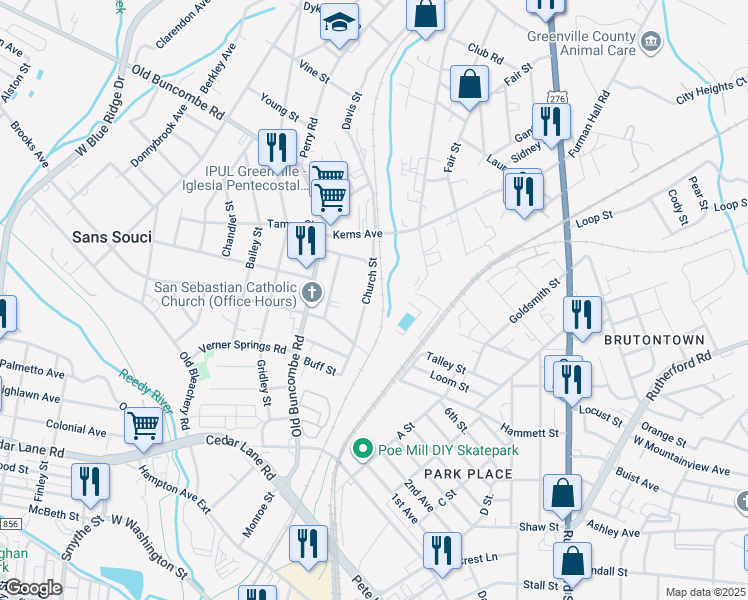 map of restaurants, bars, coffee shops, grocery stores, and more near 15 Church Street in Greenville