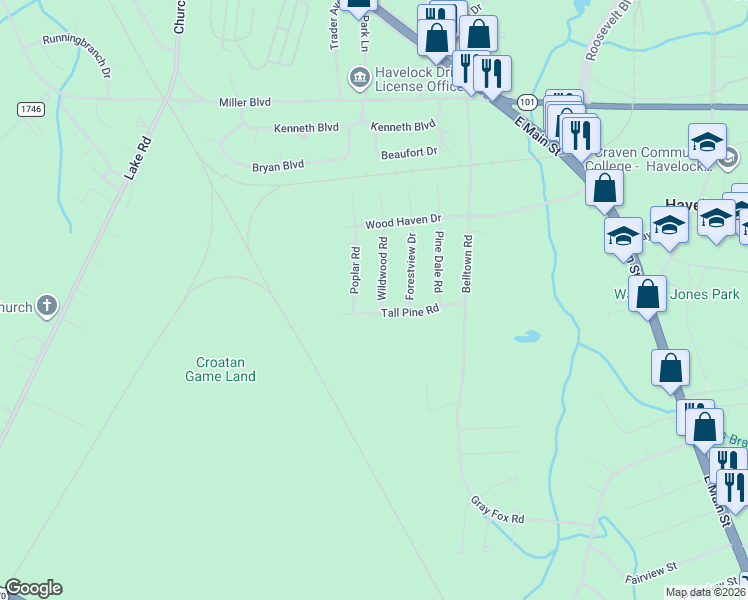 map of restaurants, bars, coffee shops, grocery stores, and more near 327 Tall Pine Road in Havelock