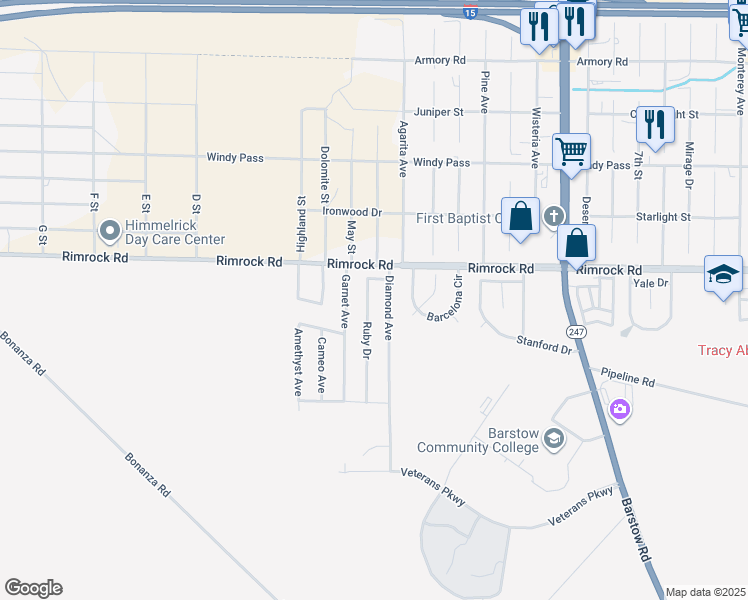 map of restaurants, bars, coffee shops, grocery stores, and more near 2099 Ruby Drive in Barstow