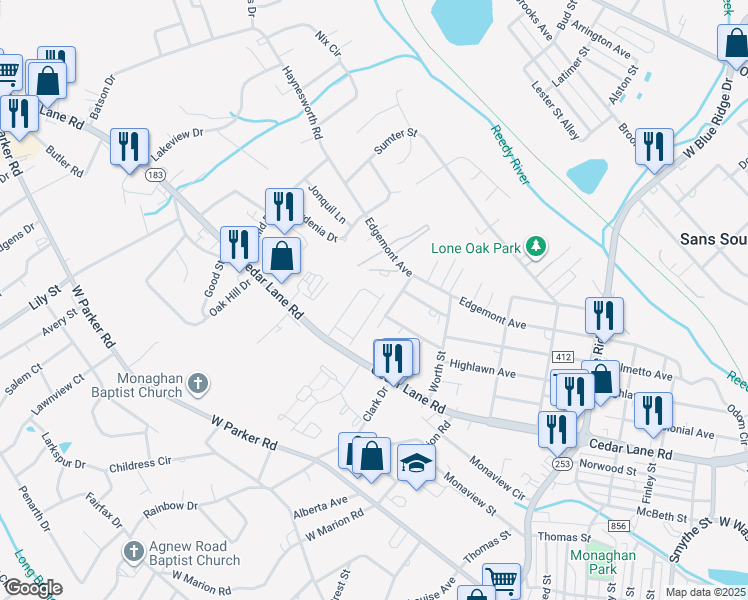 map of restaurants, bars, coffee shops, grocery stores, and more near 701 Edgemont Avenue in Greenville